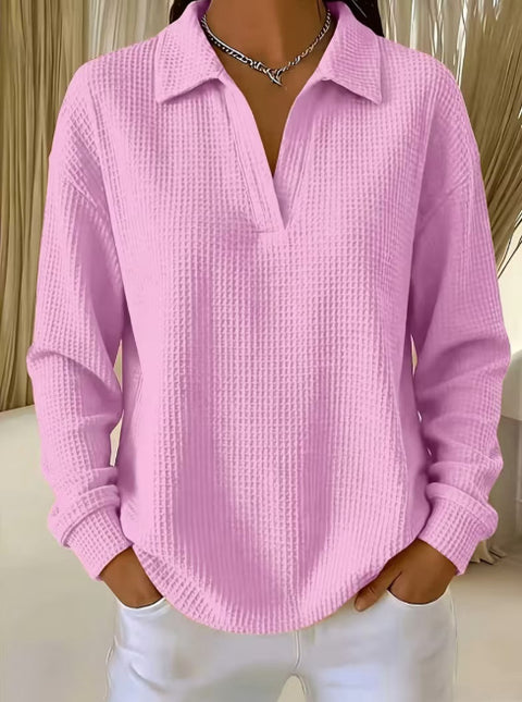 Waffle Lapel Long Sleeve Polo Top m303214