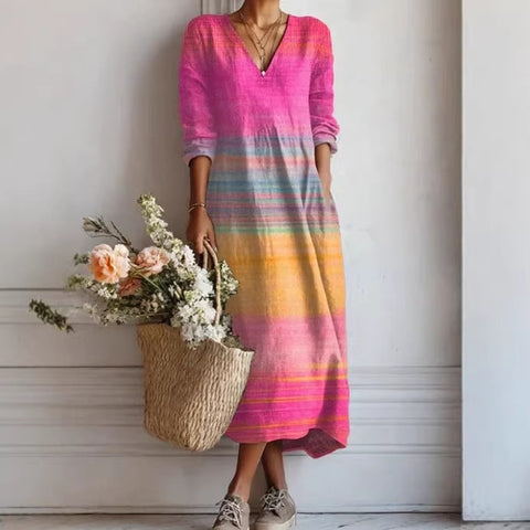 Women's loose V-neck fashion high-end long-sleeved printed collar dress m302766