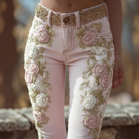 Vintage pink rose embroidery art print jeans elegant temperament m301955