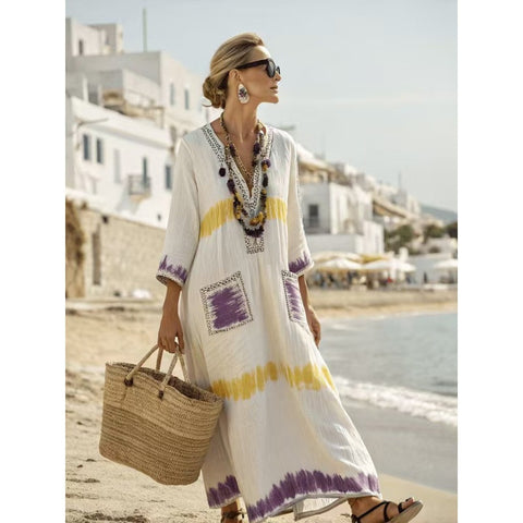 Holiday long striped embroidered dress m302762