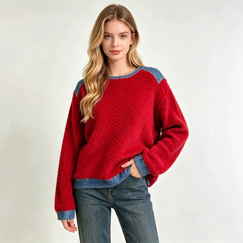 Herringbone embossed plush sweater spliced fake two-piece loose pullover top FF303354