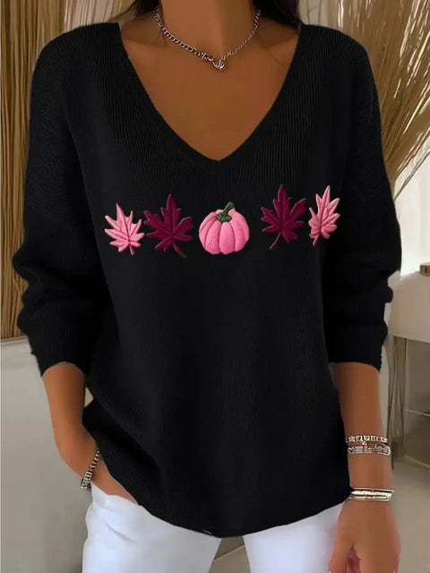 Shoulder V-neck long-sleeved autumn leaf 3D digital printing women's top FF303401