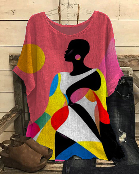 Haut ample à col rond et manches courtes en coton et lin pour femme m301281 