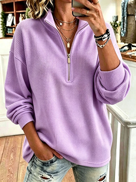 Waffle sweater lazy style half turtleneck half zipper loose long sleeve top FF303324