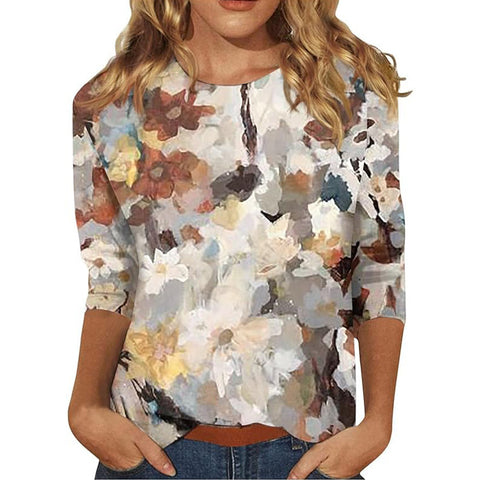 Pull ras du cou à manches sept-quarts et imprimé 3D de fleurs et de plantes m300615 
