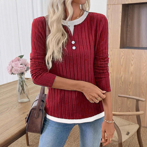 Fake two-piece crew neck button pullover polished long-sleeved T-shirt m302169