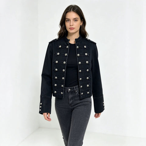 Stand-up collar black washed denim short jacket metal buckle shoulder badge slim fit fashion short women's jacket FF303317
