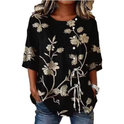Ladies casual digital print lace-up shirt m302711