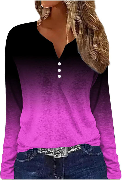 T-shirt imprimé col V à manches longues et trois boutons m300618 