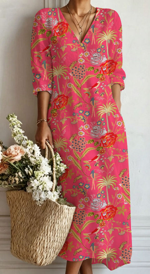 Women's loose V-neck fashion high-end long-sleeved printed collar dress m302766