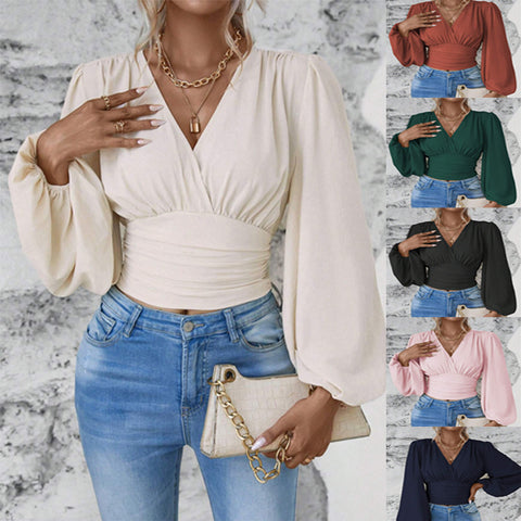 Taille V-ausschnitt tasche ärmel einfarbig faltig frauen langarm top m300997 
