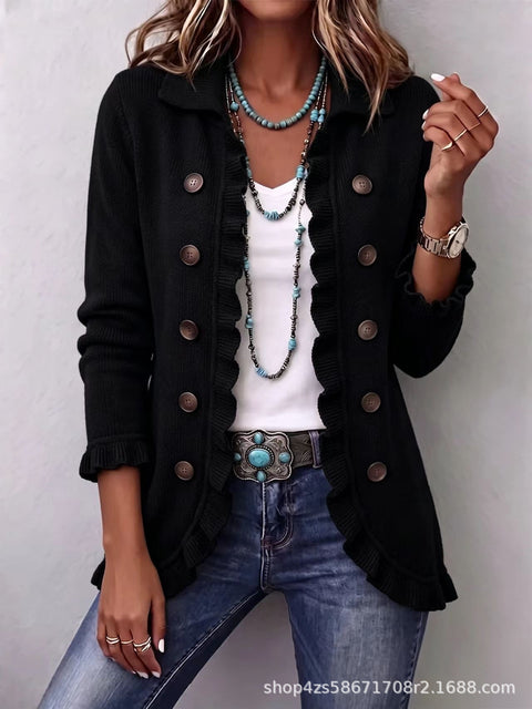 Women's fashion long-sleeved ruffle leaf open button cardigan FF303384 02