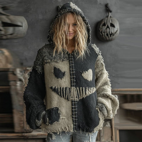 Halloween spoof digital printing zipper pumpkin hooded imitation knitted sweater m302044