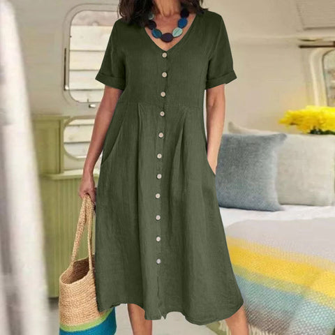 Neues einfarbiges, lockeres Kleid aus Baumwolle und Leinen mit hoher Taille m301192 