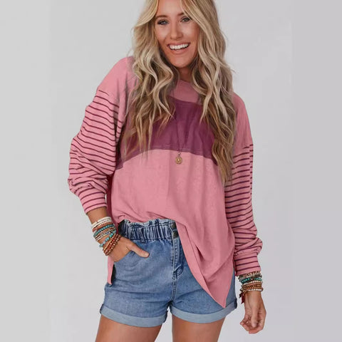 Pull col rond décontracté rayé contrastant à manches longues pour femme m300875 