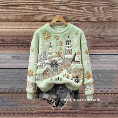 Digital printed flannel christmas ladies crew neck sweater autumn and winter m302198