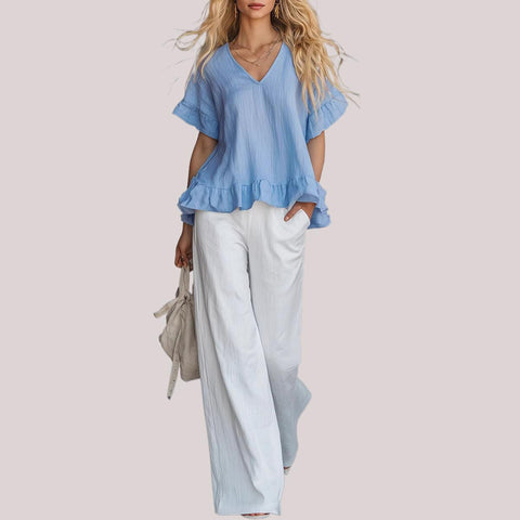 V-neck shirt with ruffle edge Fashion casual short-sleeved top FF303331