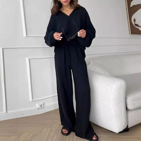 Elegante frauen casual lose anzug frauen lange-ärmeln top + kordelzug hosen anzug herbst revers zwei-stück set m301184 