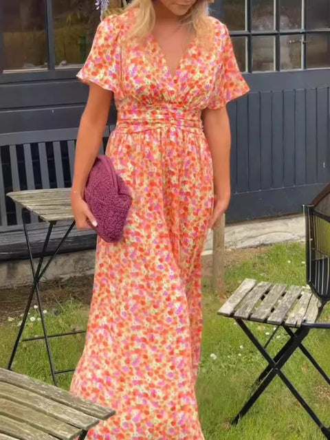 Temperament bedrucktes Kleid mit V-Ausschnitt und Taille m301307 