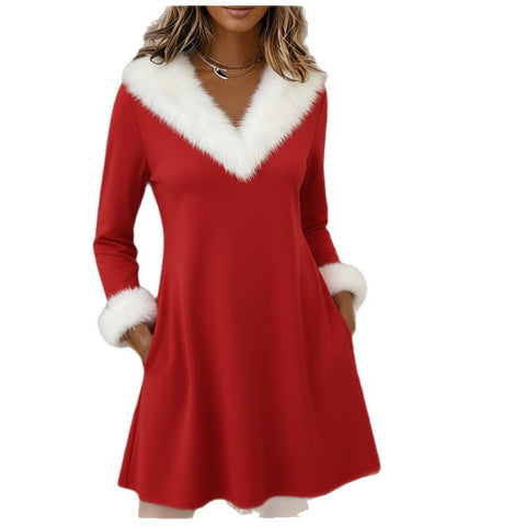 Fashion dress long sleeve fur collar sexy low cut slim fit m302140