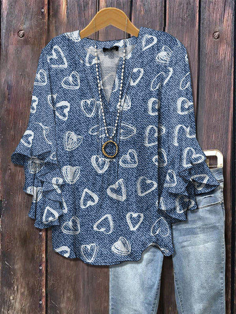 Creative floral element printing digital printing casual trend V-neck lotus edge horn T-shirt m302747