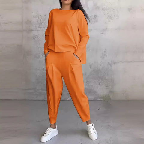 Women's solid color round neck long-sleeved suit women's pocket pants trousers m301510