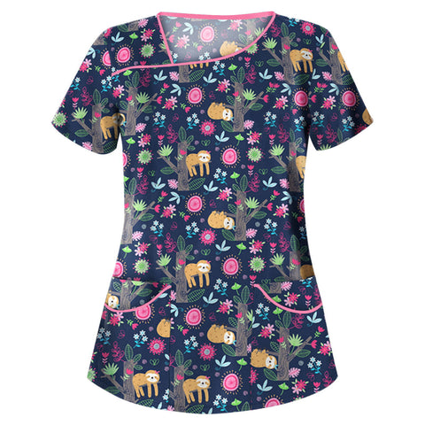 Printed V-neck short-sleeved pocket T-shirt women's top m301596