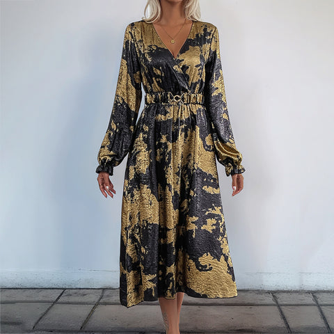 Temperament v-neck long-sleeved A-pendulum bronzing dress autumn women's high-end m300808