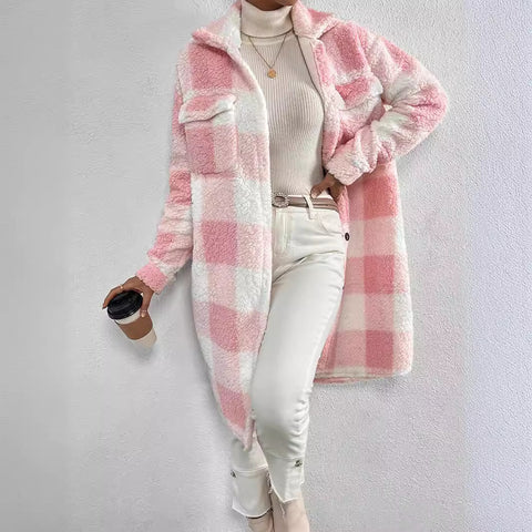 Offene Revers-Plüsch-Karojacke mit lockerem Temperament, Pendler-Langmantel für Damen m300360 