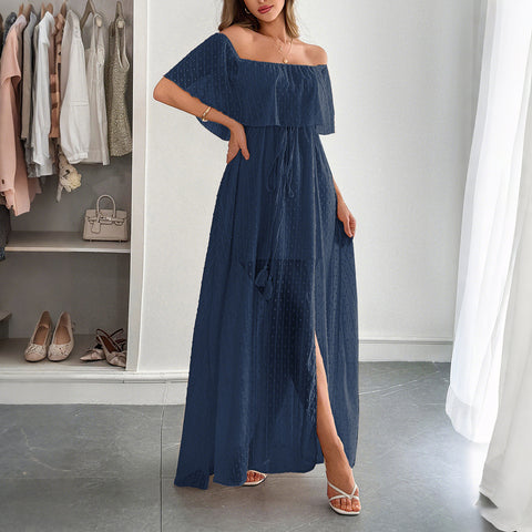 Robe longue élégante à manches courtes et col rond pour femme, style tube, taille haute, m301405 