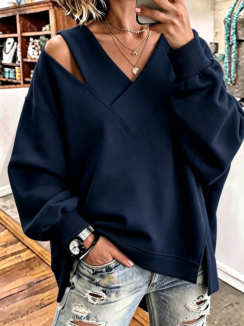 Open shoulder sweater autumn and winter new age-reducing foreign style V-neck leopard print long-sleeved top FF303328
