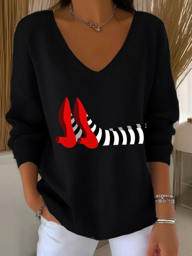 Shoulder V-neck long-sleeved autumn leaf 3D digital printing women's top FF303401