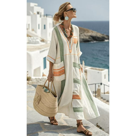 Holiday long striped embroidered dress m302762