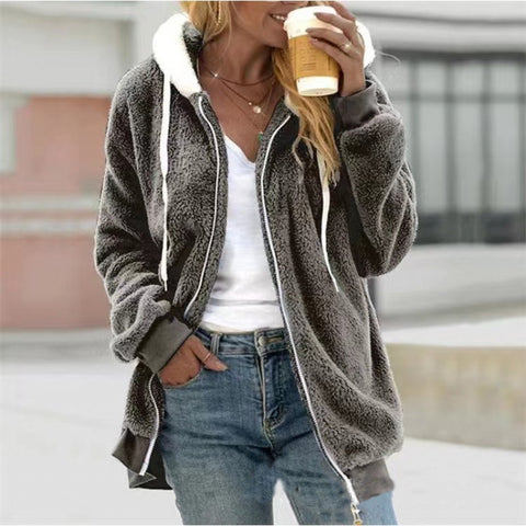 Neue Herbst- und Winterjacke mit lockerem Plüschreißverschluss und Kapuze m300464 