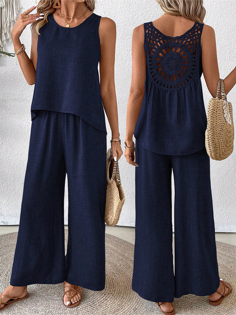 Frühling und Sommer einfarbig hohle Spitze zweiteilige Mode lässig Weste breite Beinhosen Hose m301367 