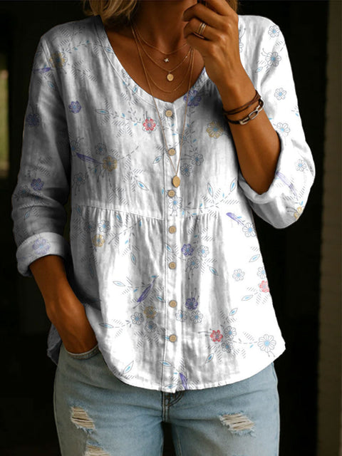 Crew Neck Women's Floral 3D Printed Women's Henley Shirt m302611