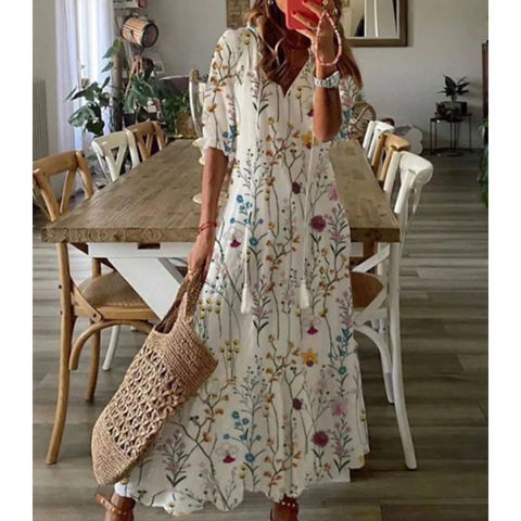 Kurzärmliges Maxikleid in A-Linie mit Blumenmuster und V-Ausschnitt m161507780 