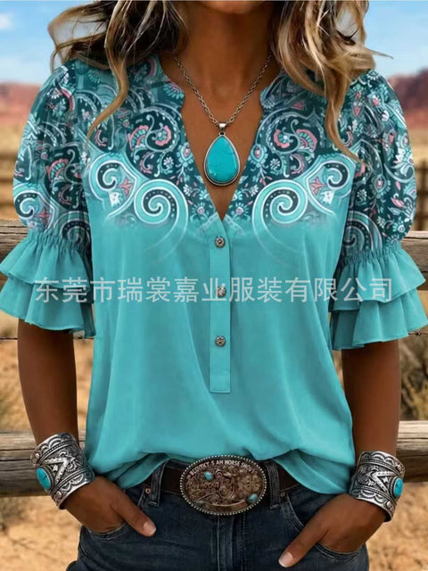 V-neck three-button top digital print horn-sleeved shirt FF303333