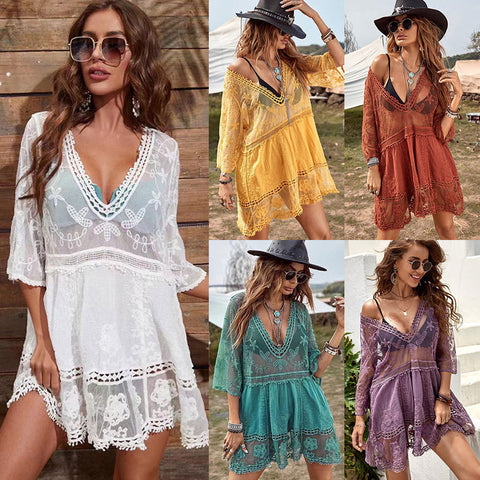Strandbluse mit Spitzenausschnitt, Sonnenschutz, sexy Bikini-Badeanzug mit m301497 