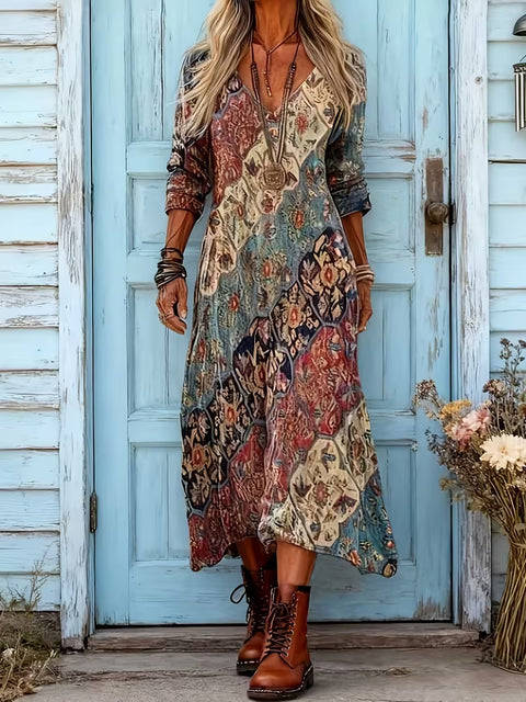 Creative tie-dye 3D printing women's new V-neck long-sleeved dress medium and long dress m302799