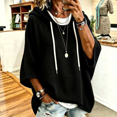 Knitted hooded drawstring sweater waffle with loose m303063