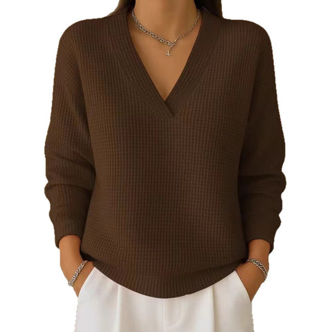Women's Casual Loose Fashion Solid Color Waffle Long Sleeve Pullover M302343