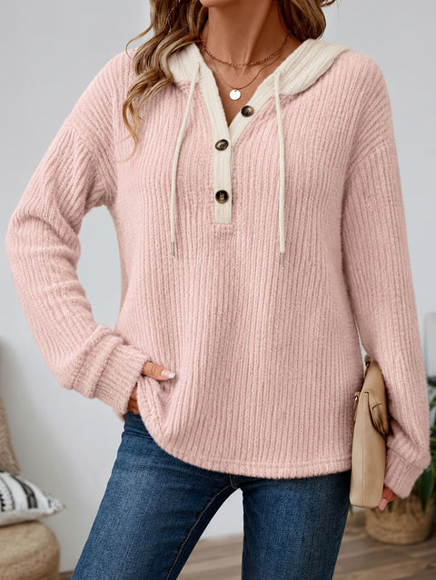 Loose v-neck button-down drawstring hooded casual women's top FF303504