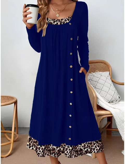 Casual round neck long-sleeved pullover color matching pleated printed jackal pattern button-up m302232