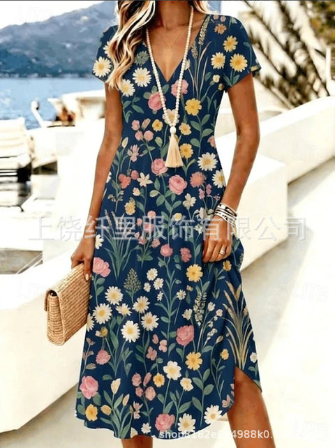 Printed women's v-neck short-sleeved temperament fashion dress m303046