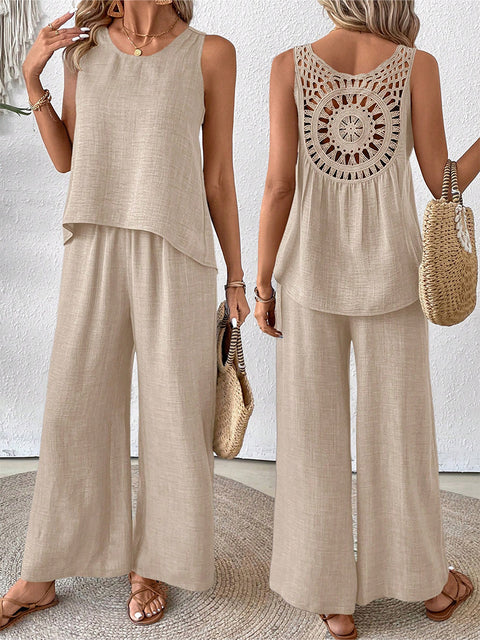 Frühling und Sommer einfarbig hohle Spitze zweiteilige Mode lässig Weste breite Beinhosen Hose m301367 