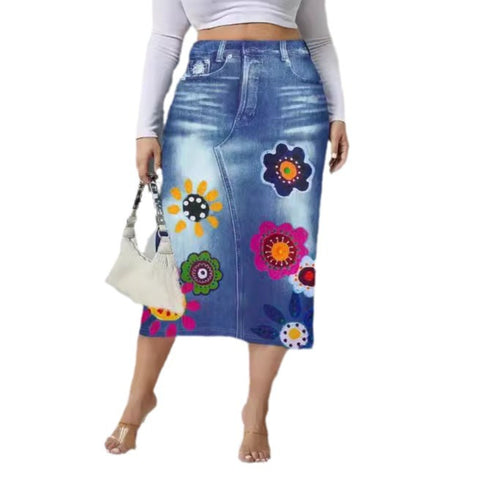 Large size fashion women's clothing imitation denim print flower print hip skirt m302405