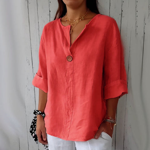 Lockeres T-Shirt Damen V-Ausschnitt Baumwolle und Leinen Button-Up Top m300385 