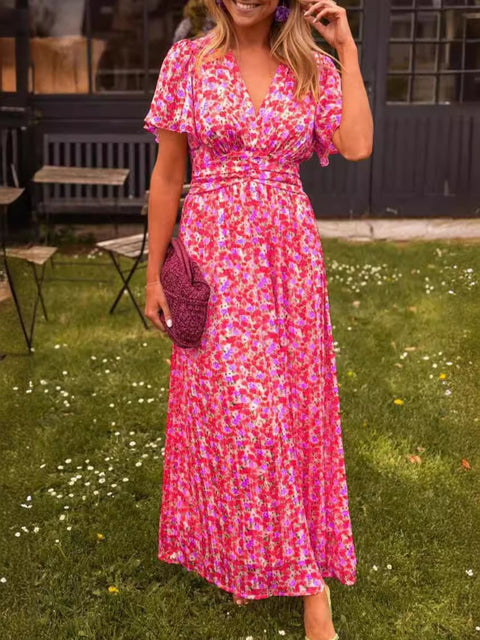Temperament bedrucktes Kleid mit V-Ausschnitt und Taille m301307 