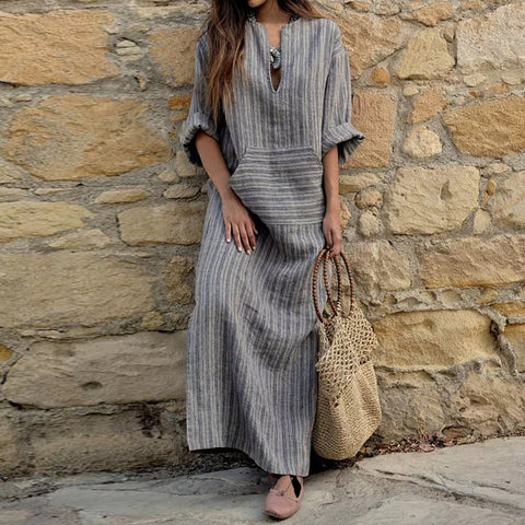 New cotton and linen dyed striped loose dress m302470